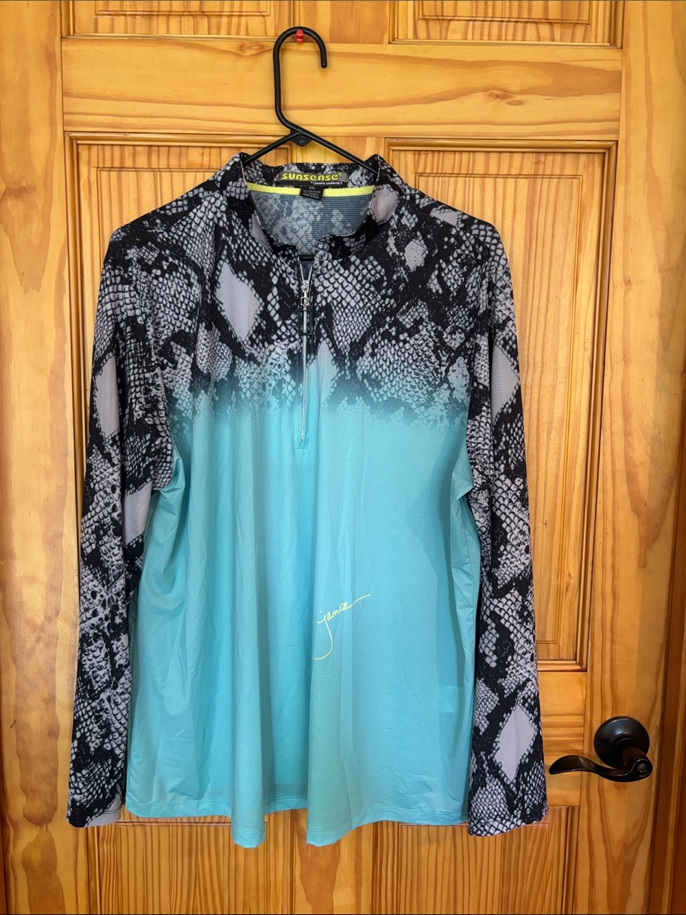 jamie sadock Aqua Blue and Black Snake-Print Long Sleeve Sunsense Golf Top